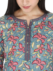 Grey Floral Printed Pure Cotton Kurta