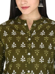 Green Jaipuri Motif Printed Pure Cotton A-Line Kurta