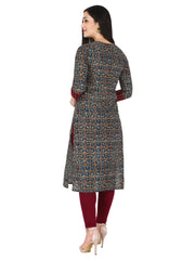 Blue Ajrak Printed Pure Cotton Straight Kurta