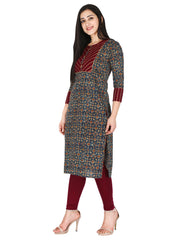 Blue Ajrak Printed Pure Cotton Straight Kurta