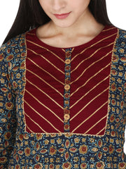 Blue Ajrak Printed Pure Cotton Straight Kurta