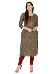 Green Floral Printed Pure Cotton Straight Kurta