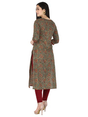Green Floral Printed Pure Cotton Straight Kurta