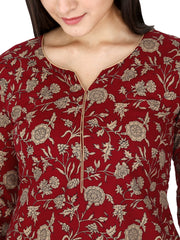 Maroon Floral Printed Pure Cotton Straight Kurta