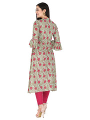 Light green and Pink Jaipuri Floral Printed Pure Cotton A-Line Kurta