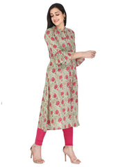 Light green and Pink Jaipuri Floral Printed Pure Cotton A-Line Kurta