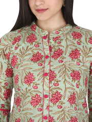 Light green and Pink Jaipuri Floral Printed Pure Cotton A-Line Kurta