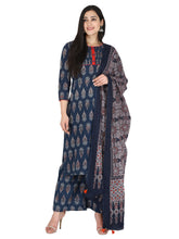 Pure Cotton Ethnic Motif Jaipuri Printed Indigo Kurta, Pant And Dupatta Set