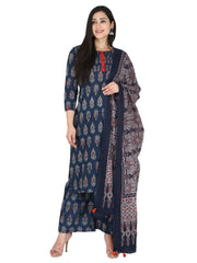 Pure Cotton Ethnic Motif Jaipuri Printed Indigo Kurta, Pant And Dupatta Set