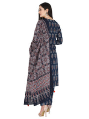Pure Cotton Ethnic Motif Jaipuri Printed Indigo Kurta, Pant And Dupatta Set