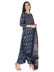 Pure Cotton Ethnic Motif Jaipuri Printed Indigo Kurta, Pant And Dupatta Set