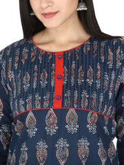 Pure Cotton Ethnic Motif Jaipuri Printed Indigo Kurta, Pant And Dupatta Set