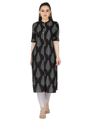 Black Motif Print Pure Cotton Straight Kurta