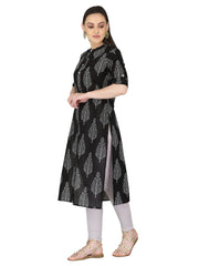 Black Motif Print Pure Cotton Straight Kurta