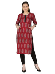 Red Motif Printed Pure Cotton Straight Kurta