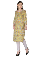 Yellow Jaipuri Floral Printed Pure Cotton Straight Kurta