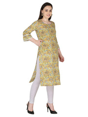 Yellow Jaipuri Floral Printed Pure Cotton Straight Kurta
