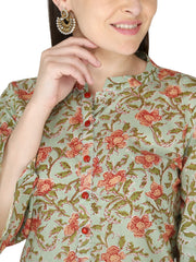 Lime Green Floral Printed Pure Cotton Kurta