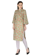 Lime Green Floral Printed Pure Cotton Kurta
