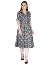 Black and White Floral Printed Pure Cotton A-Line Kurta