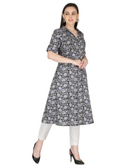 Black and White Floral Printed Pure Cotton A-Line Kurta
