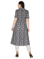 Black and White Floral Printed Pure Cotton A-Line Kurta