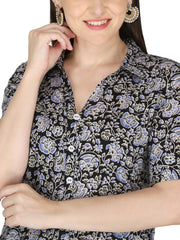 Black and White Floral Printed Pure Cotton A-Line Kurta