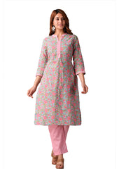 Teal and Pink Floral Printed Pure Cotton Kurta