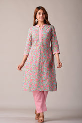 Teal and Pink Floral Printed Pure Cotton Straight Kurta