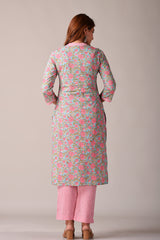 Teal and Pink Floral Printed Pure Cotton Kurta