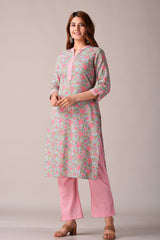 Teal and Pink Floral Printed Pure Cotton Kurta