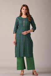 Green Abstract Printed Pure Cotton Straight Kurta
