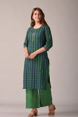 Green Abstract Printed Pure Cotton Straight Kurta