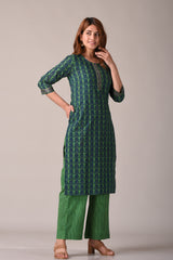 Green Abstract Printed Pure Cotton Straight Kurta