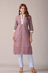 Maroon Ajrak Printed Straight Kurta