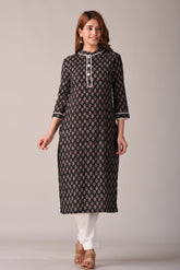 Black Cotton Paisley Print Straight Kurta
