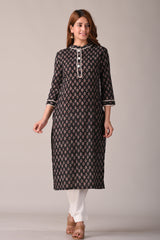 Black Cotton Paisley Print Straight Kurta