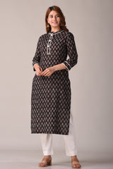 Black Cotton Paisley Print Straight Kurta
