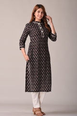Black Cotton Paisley Print Straight Kurta