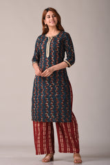 Bottle Green Abstract Print Straight Kurta