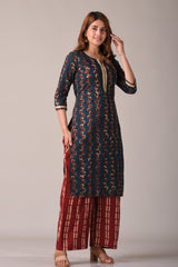 Bottle Green Abstract Print Straight Kurta