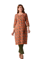 Orange and Green Floral Printed Kurta