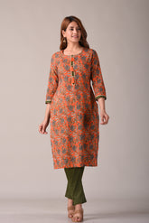 Orange and Green Floral Printed Straight Kurta