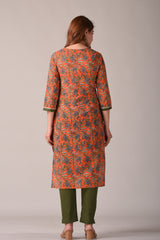 Orange and Green Floral Printed Straight Kurta
