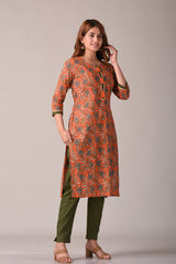 Orange and Green Floral Printed Straight Kurta
