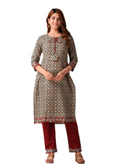 Green Ajrak Printed Straight Kurta