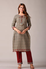 Green Ajrak Printed Straight Kurta