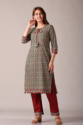 Green Ajrak Printed Straight Kurta