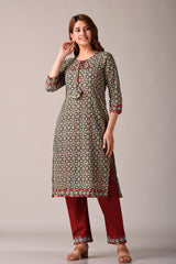 Green Ajrak Printed Straight Kurta