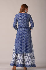 Floral Ethnic Motif Block Printed Pure Cotton Indigo Kurta And Skirt Set